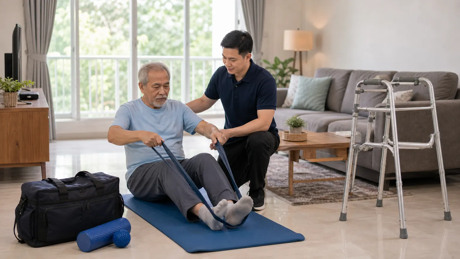 A physiotherapist guiding safe movement practice during a home visit