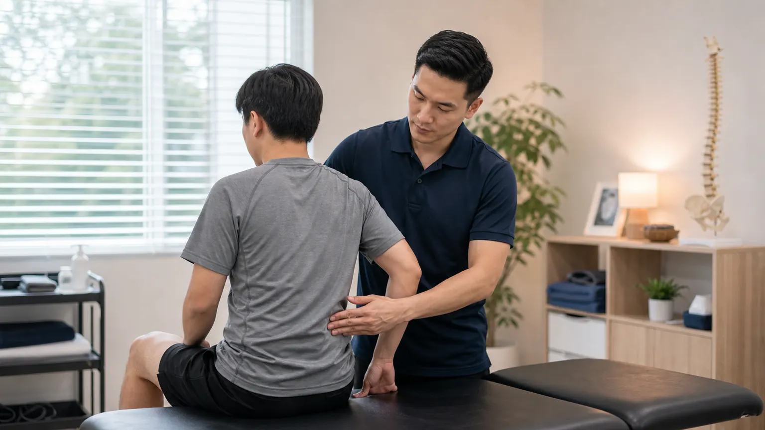A physiotherapist applying a controlled manual therapy technique