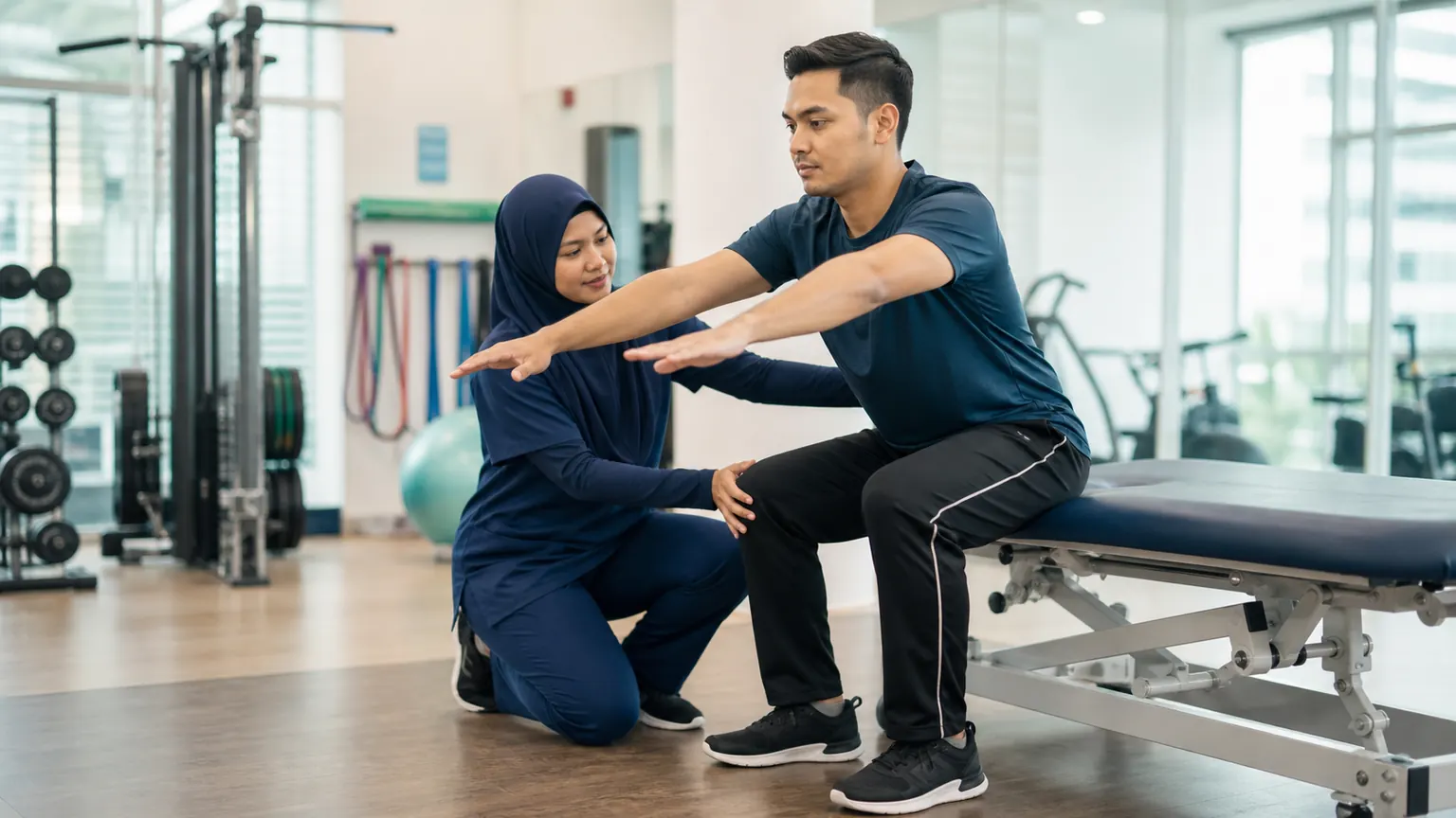 Fisioterapis menjalankan penilaian pergerakan muskuloskeletal