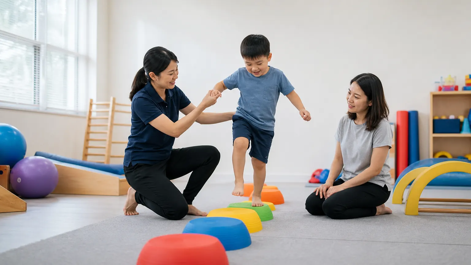 A paediatric physiotherapist guiding a child through a play-based movement activity