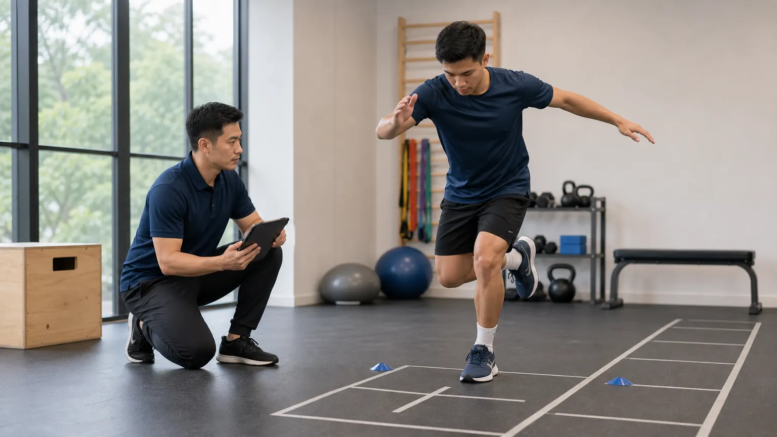 运动物理治疗师在重返运动练习中评估运动员