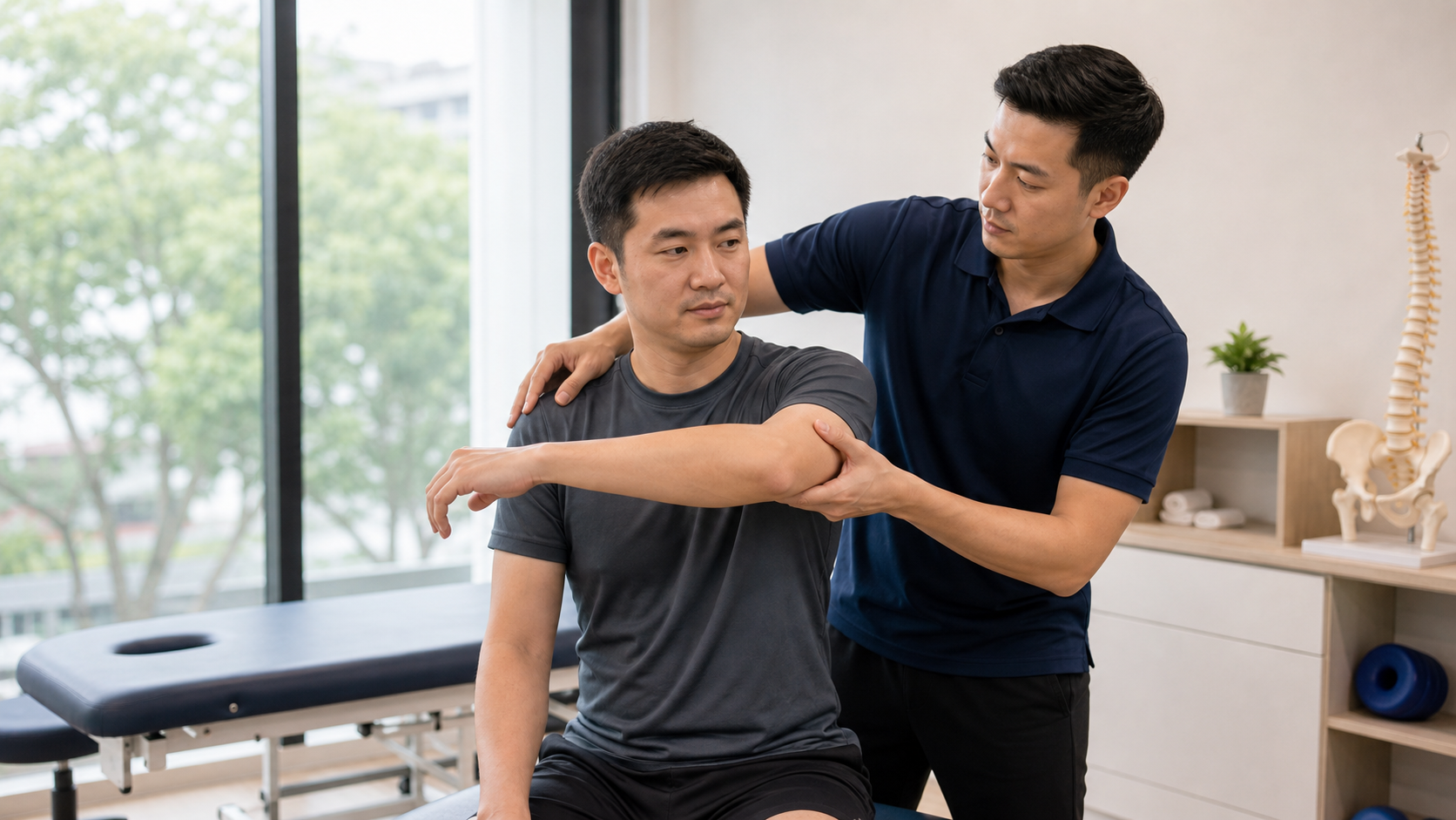 Physiotherapist assessing shoulder range of motion for frozen shoulder