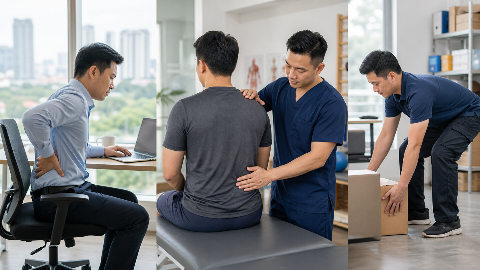 Low back pain physiotherapy guide cover for Malaysia with work and movement assessment context