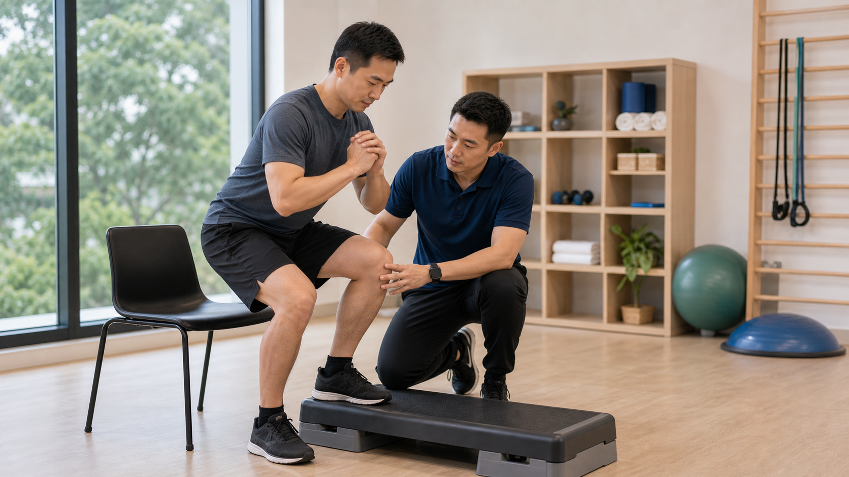 Physiotherapist checking knee control during stairs and sit to stand