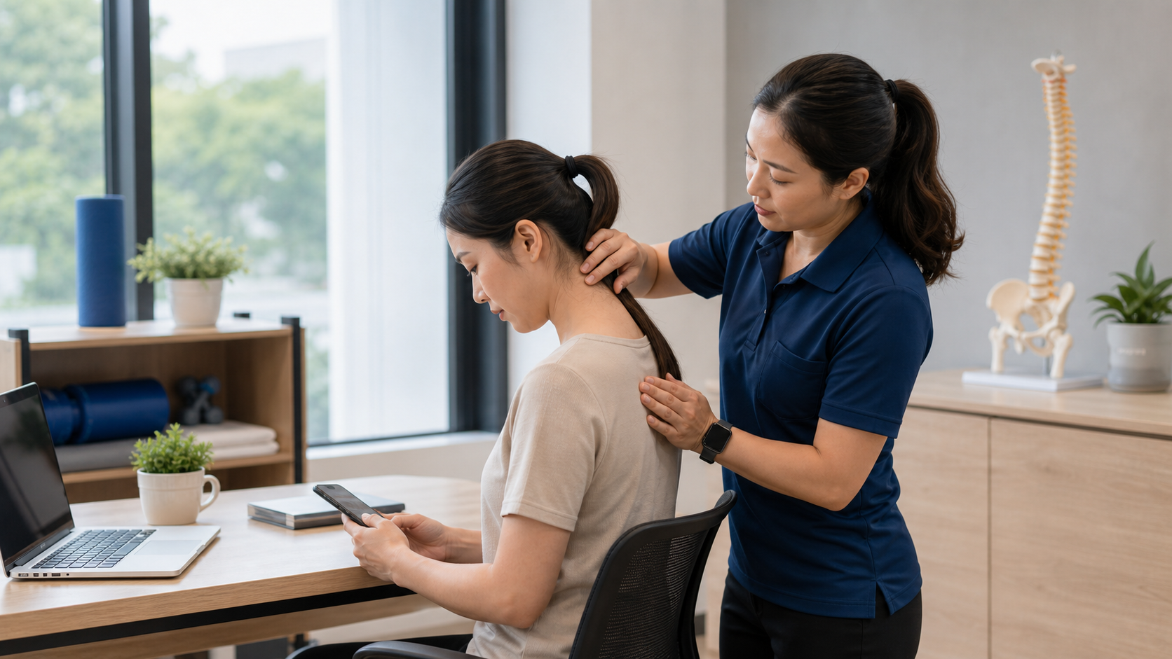 Physiotherapist assessing neck posture for a commuter with smartphone and desk-related neck pain