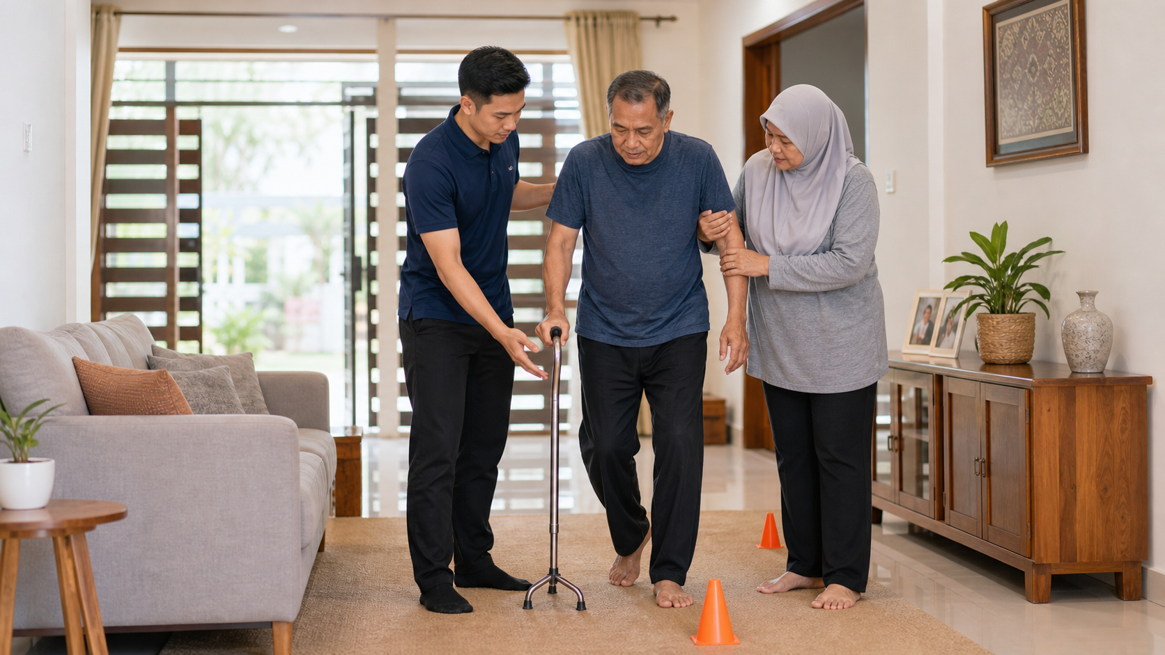 Post-stroke home rehabilitation with caregiver support and safe walking practice